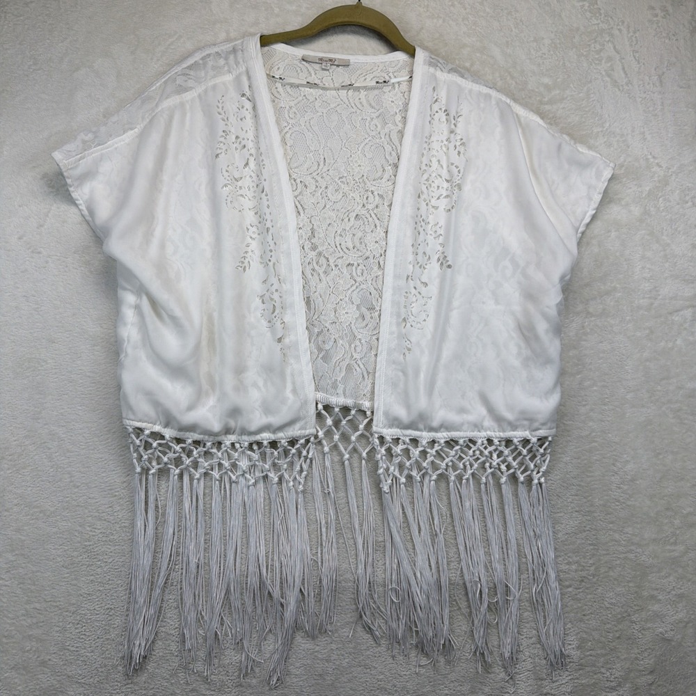 Miss Me Fringe Lace‎ Shrug S White Open Front Crochet Boho Festival Cardigan